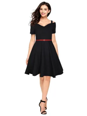 Women's Polyester Solid V Neck Cap Sleeve Dress (Black)