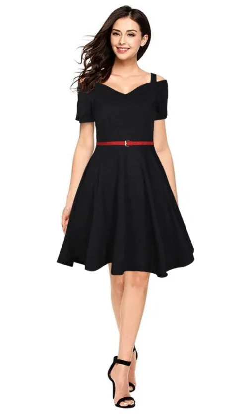 Women's Polyester Solid V Neck Cap Sleeve Dress (Black)