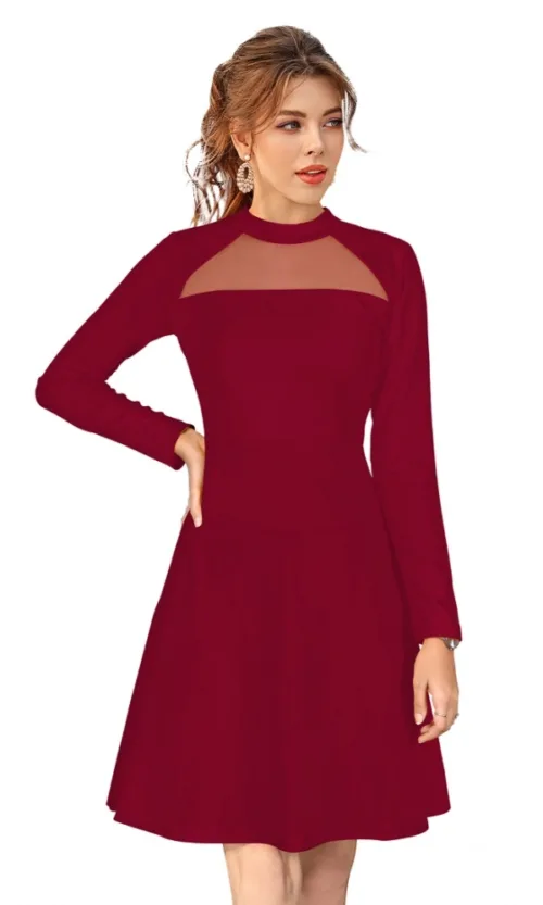 Women's Knitting stretchable Solid Round Neck Full Sleeve Dress (Maroon)