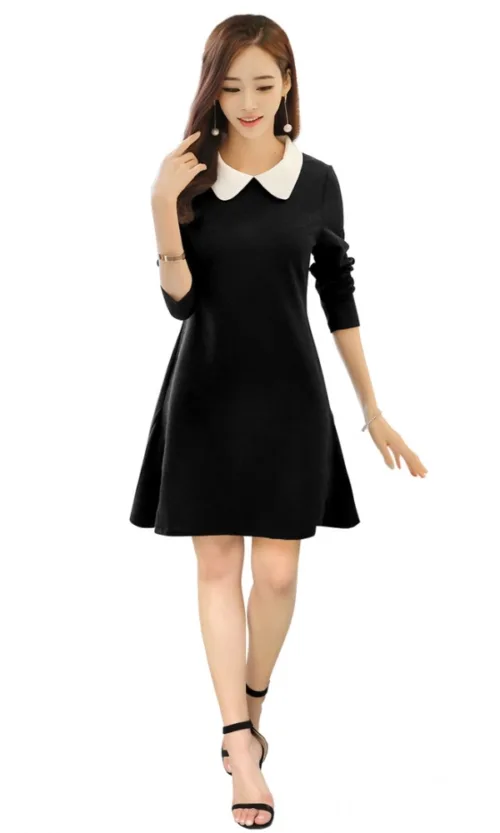 Women's Polyester Solid Collar 3-4th Dress (Black)
