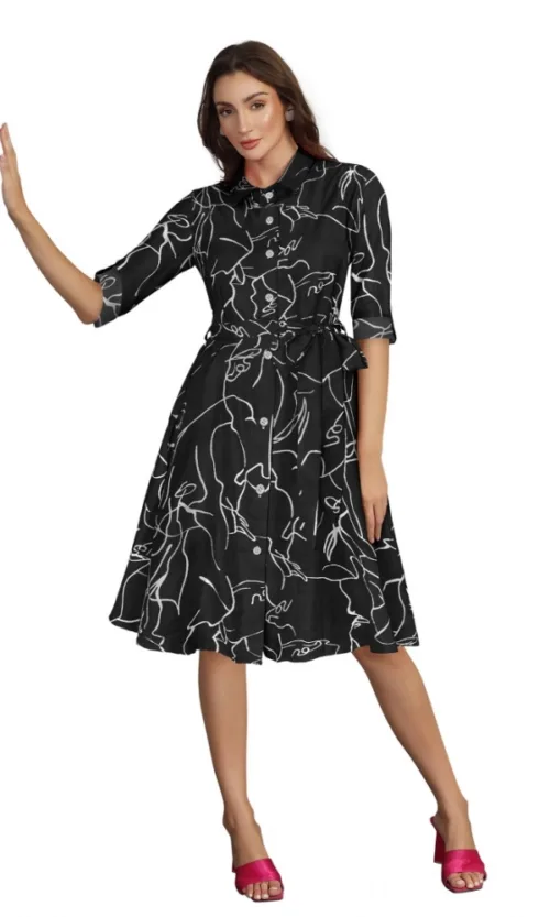 Women's Ruby Cotton Printed Shirt Collar 3-4th Sleeve Dress (Black)