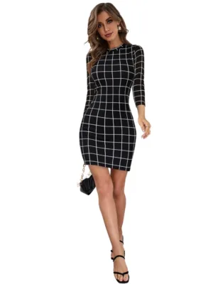 Women's Polyester Solid High Neck Full Sleeve Dress (Black)