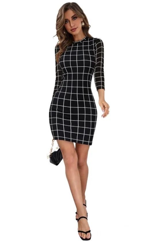 Women's Polyester Solid High Neck Full Sleeve Dress (Black)