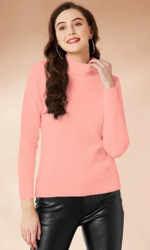 Women's Polyester Solid High Neck Full Sleeve T-Shirt (Peach)