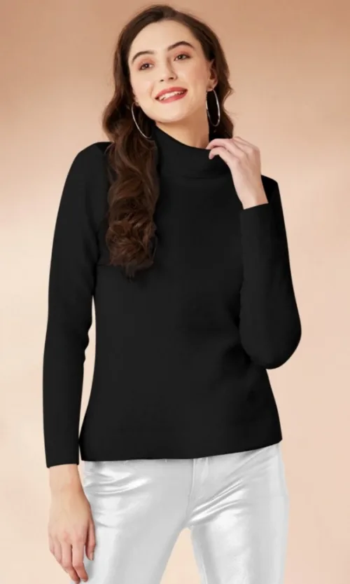 Women's Polyester Solid High Neck Full Sleeve T-Shirt (Black)