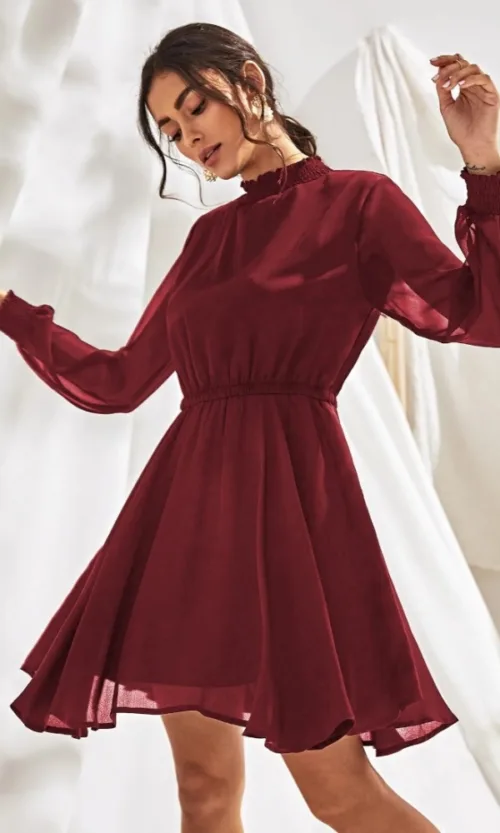 Women's Fox Georgette Solid High Neck Full Sleeve Dress (Maroon)