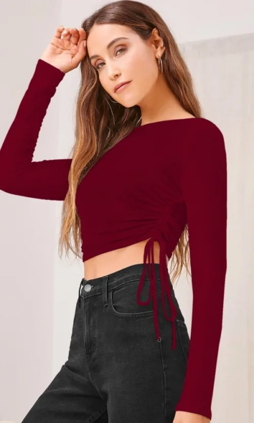 Women's Polyester Solid Round Neck Full Sleeve Top (Maroon)