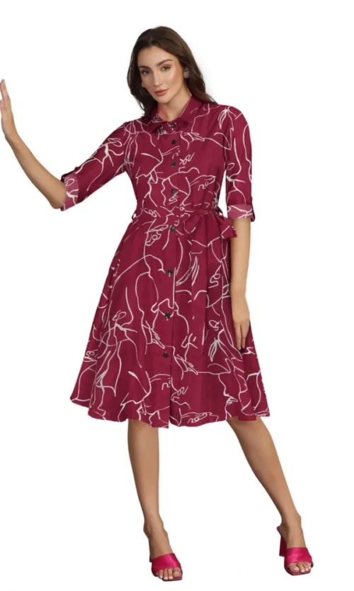 Women's Ruby Cotton Printed Shirt Collar 3-4th Sleeve Dress (Maroon)