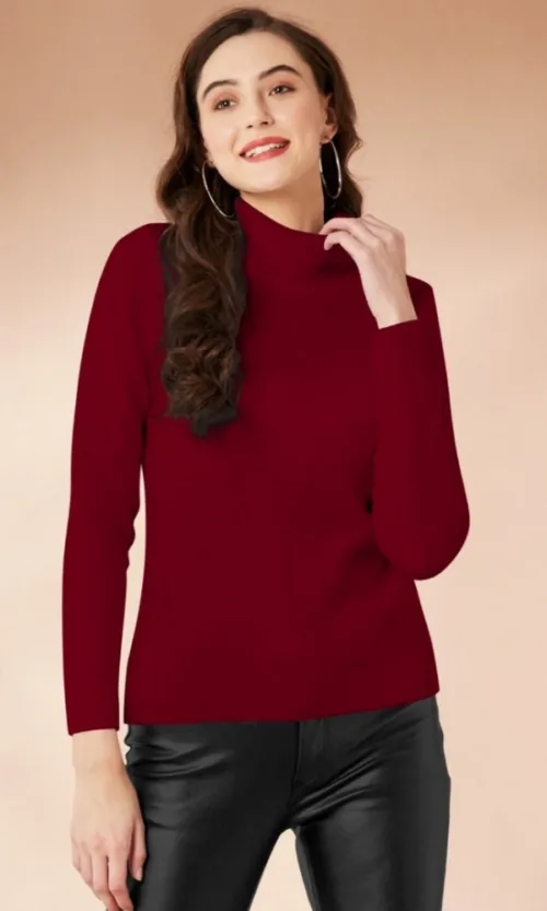 Women's Polyester Solid High Neck Full Sleeve T-Shirt (Maroon)