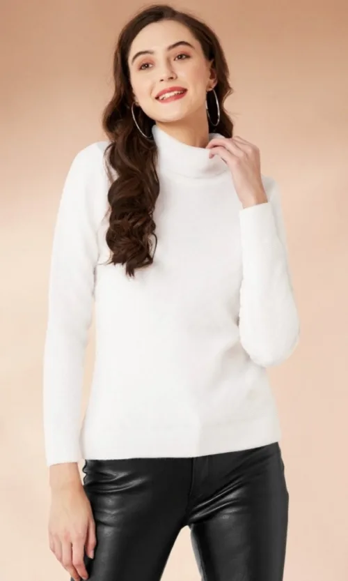 Women's Polyester Solid High Neck Full Sleeve T-Shirt (White)