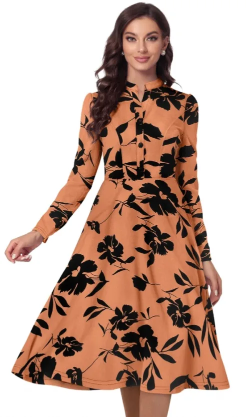 Women's Knitting Printed V-Neck Full Sleeve Dress (Orange)
