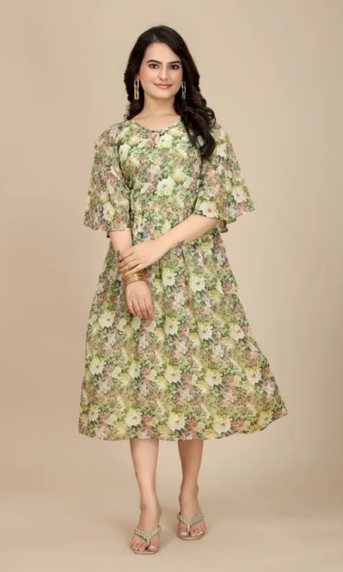 Women's Georgette Printed Round Neck Short Sleeve Dress (Green)