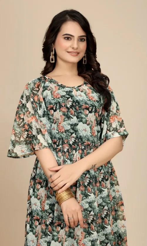 Women's Georgette Printed Round Neck Short Sleeve Dress (Black)
