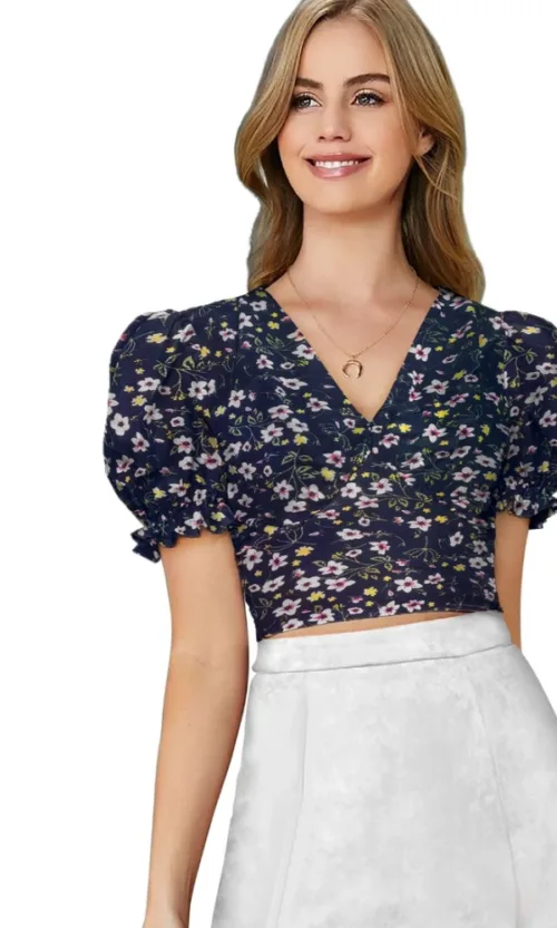 Women's Knitting Printed V-Neck Puff Sleeve Tops (Navy Blue)