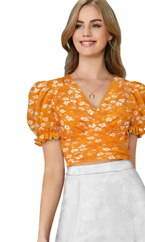 Women's Knitting Printed V-Neck Puff Sleeve Tops (Yellow)