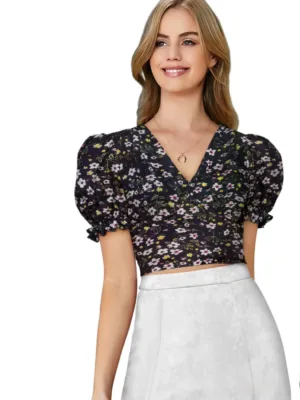 Women's Knitting Printed V-Neck Puff Sleeve Tops (Black)
