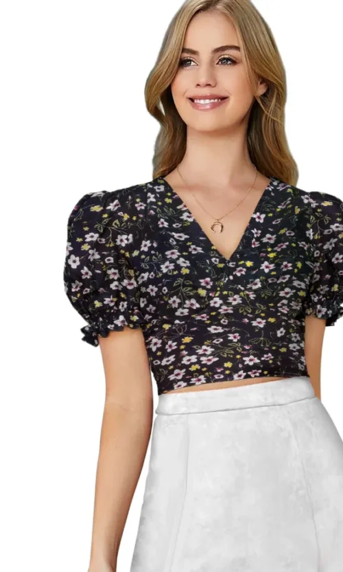 Women's Knitting Printed V-Neck Puff Sleeve Tops (Black)