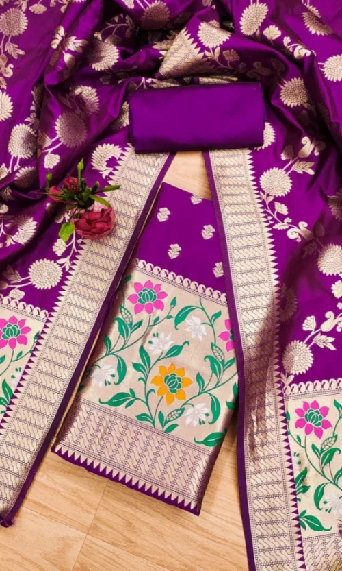 Women's Banarasi Silk Printed Unstitched Salwar Suit Material With Dupatta (Purple, 3Mtrs)