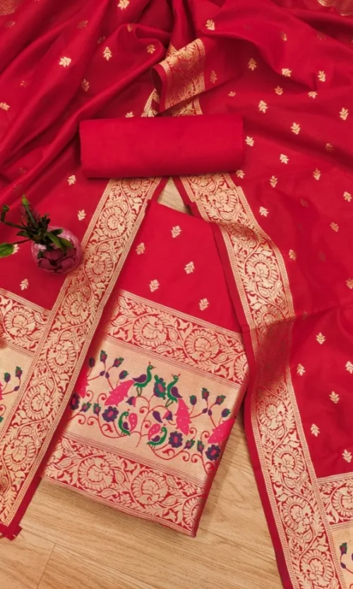 Women's Banarasi Silk Printed Unstitched Salwar Suit Material With Dupatta (Red, 3Mtrs)