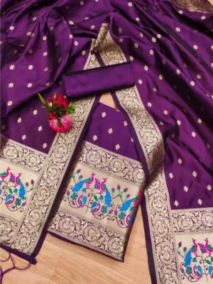 Women's Banarasi Silk Printed Unstitched Salwar Suit Material With Dupatta (Purple, 3Mtrs)