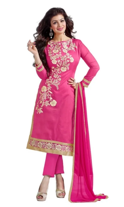 Women's Chanderi Unstitched Salwar Suit-Material With Dupatta (Pink,2 Mtrs)
