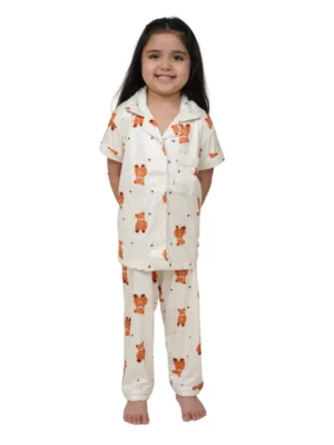 Girl's Silk Bleand Printed Short Sleeve Night Suit Set (White)