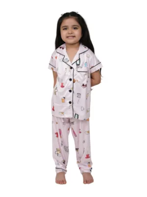 Girl's Silk Bleand Printed Short Sleeve Night Suit Set (Light Pink)