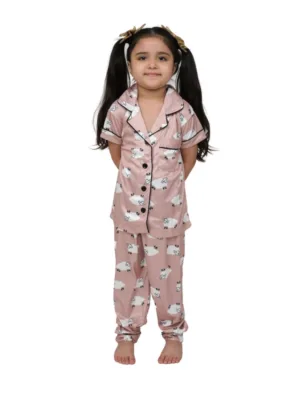 Girl's Silk Bleand Printed Short Sleeve Night Suit Set (Brown)