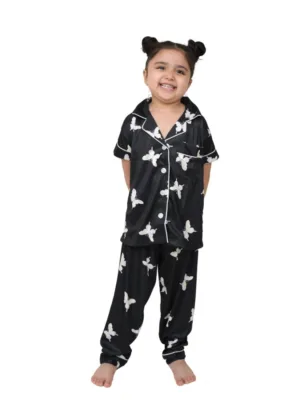 Girl's Silk Bleand Printed Short Sleeve Night Suit Set (Black)
