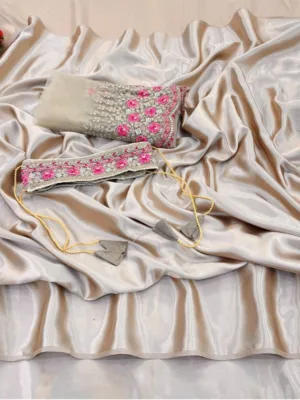 Women's Satin Solid Saree With Unstitched Blouse (Beige, 5-5 Mtrs)
