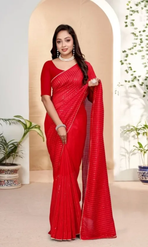 Women's Vichitra Silk Striped Saree With Unstitched Blouse 5.5Mtr (Red)