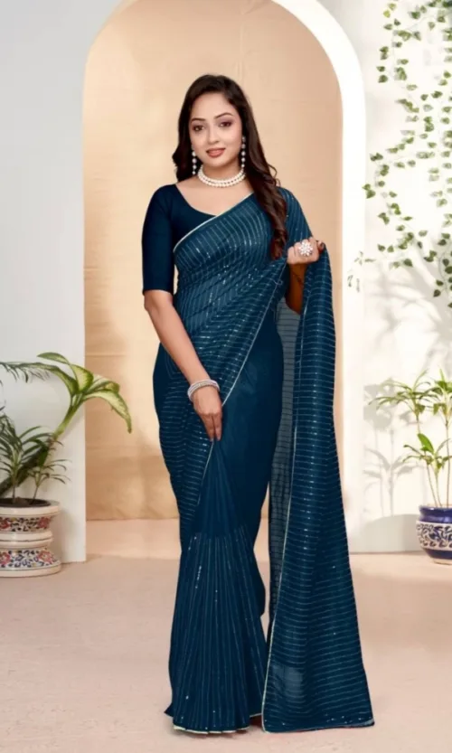 Women's Vichitra Silk Striped Saree With Unstitched Blouse 5.5Mtr (Blue)
