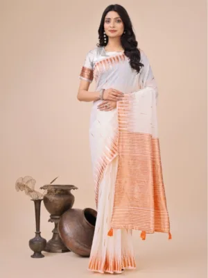 Women's Linen Cotton Printed Saree With Unstitched Blouse 5.5Mtr (White)
