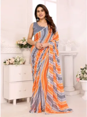 Women's Small Lace Georgette Striped Ready-to-Wear Saree With Unstitched Blouse 5.5 Mtr (Grey)