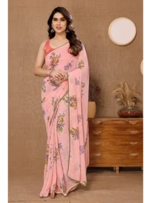 Women's Small Lace Georgette Printed Ready-to-Wear Saree With Unstitched Blouse 5.5 Mtr (Peach)