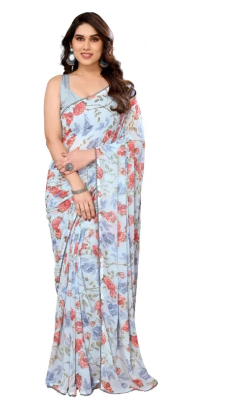 Women's Small Lace Georgette Printed Ready-to-Wear Saree With Unstitched Blouse 5.5 Mtr (Sky Blue)