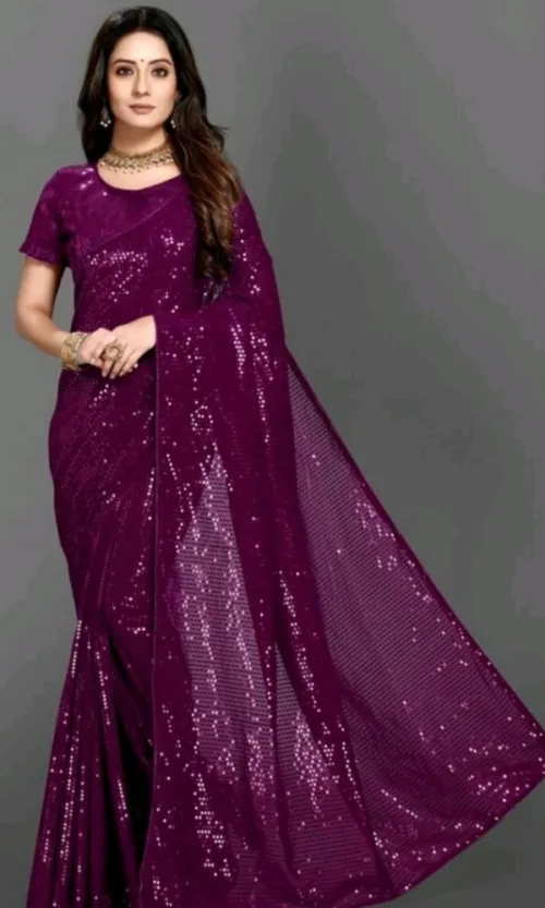 Women's Georgette Embellished Sequnece Bollywood Saree With Unstitched Blouse 5.5Mtr (Purple)