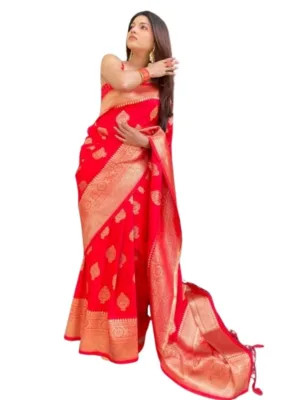 Women's Silk Printed Saree With Unstitched Blouse 5.5Mtr (Red)