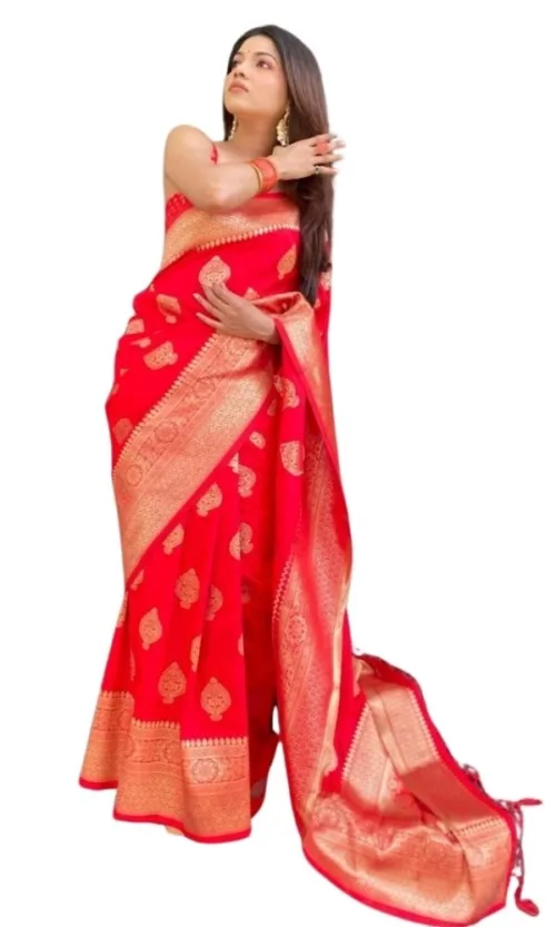 Women's Silk Printed Saree With Unstitched Blouse 5.5Mtr (Red)