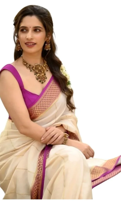Women's Silk Printed Saree With Unstitched Blouse 5.5Mtr (Off White-Pink)