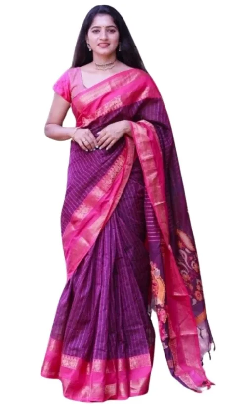 Women's Silk Printed Saree With Unstitched Blouse 5.5Mtr (Purple)