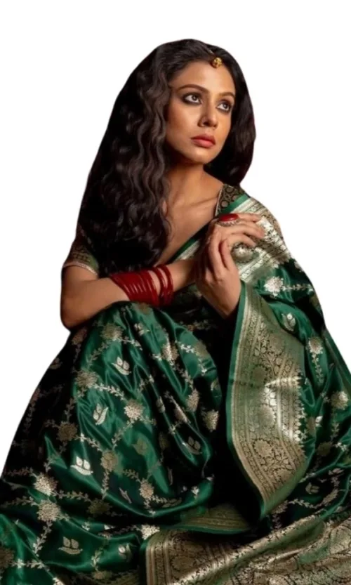 Women's Silk Printed Saree With Unstitched Blouse 5.5Mtr (Dark Green)