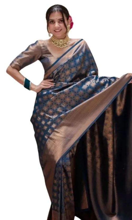 Women's Silk Printed Saree With Unstitched Blouse 5.5Mtr (Blue)