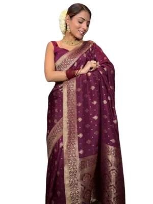 Women's Silk Printed Saree With Unstitched Blouse 5.5Mtr (Wine)