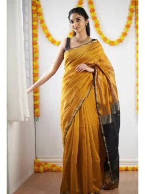 Women's Cotton Printed Saree With Unstitched Blouse 5.5Mtr (Yellow)