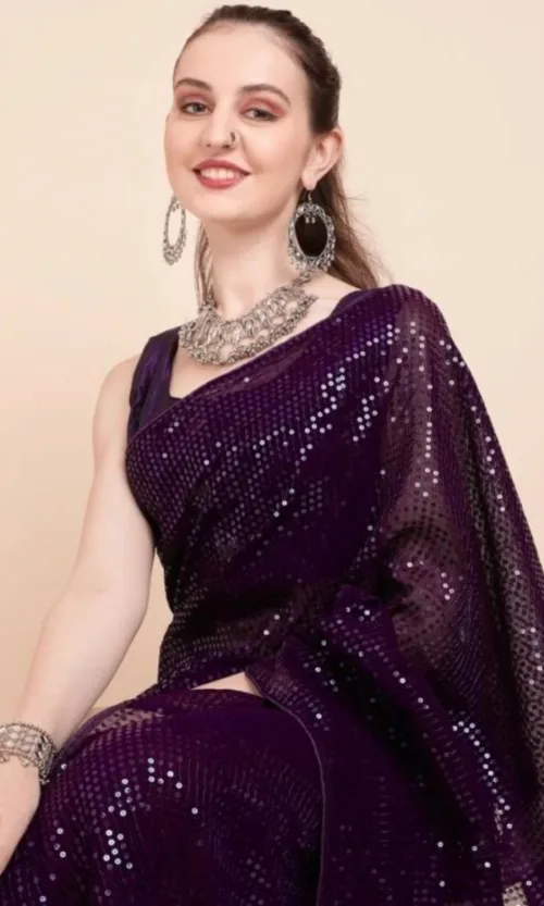 Women's Georgette Embellished Sequnece Bollywood Saree With Unstitched Blouse 5.5Mtr (Purple)