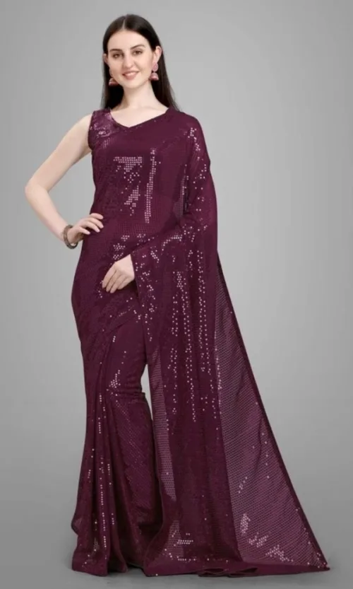Women's Georgette Embellished Sequnece Bollywood Saree With Unstitched Blouse 5.5Mtr (Purple)