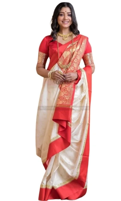 Women's Silk Printed Saree With Unstitched Blouse 5.5Mtr (White-Red)