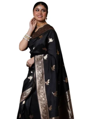 Women's Silk Printed Saree With Unstitched Blouse 5.5Mtr (Black)
