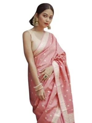 Women's Cotton Printed Saree With Unstitched Blouse 5.5Mtr (Peach)